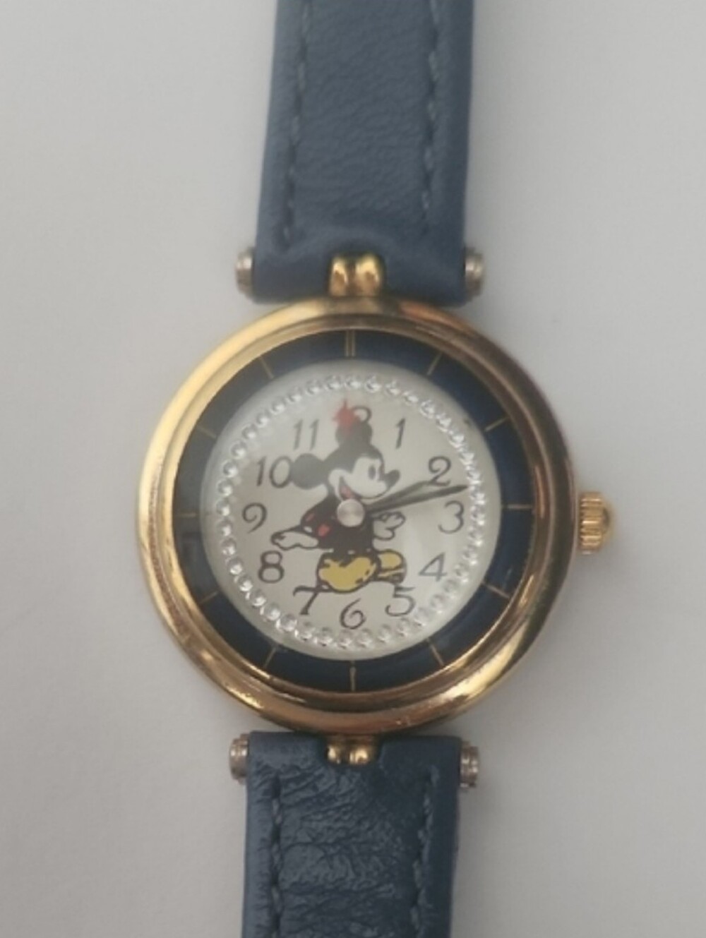 Mickey Mouse Gold Tone and Blue Leather Strap Watch